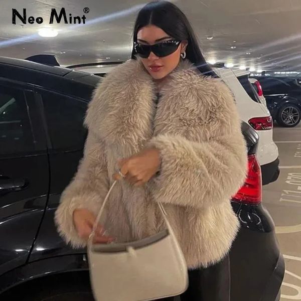 Damen Leder Kunstleder Chic Ins Blogger Marke Mode Fake Fox Pelz Jacke Mantel Frauen Winter Luxus Design Großer Kragen Pelzmäntel Coole Mädchen Mantel 231114