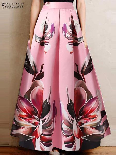 Saias Zanzea Bohemian Women Women Saias Floral Impresso com zíper High Cídica A-line Sundress Dress elegante casual casual Faldas 230414