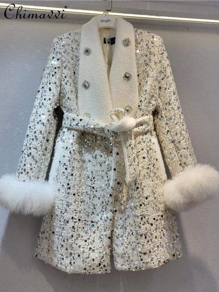 Cappotto da donna in misto lana leggero e lussuoso con fodera in piuma d'oca per le donne Inverno Moda di fascia alta con paillettes in pelliccia di volpe spessa e calda giacca in lana 231113