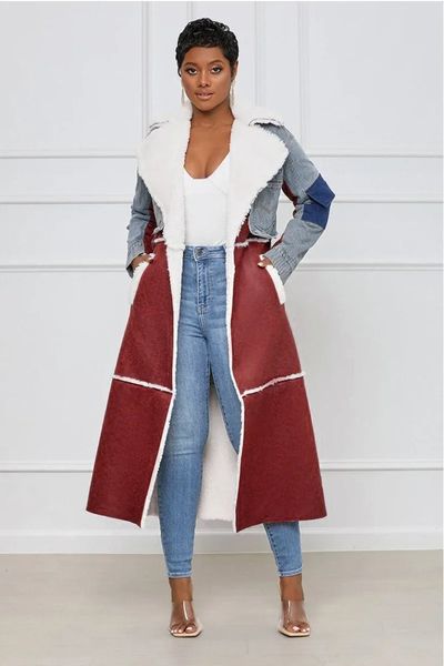 Misto lana da donna Giacche da donna Colletto rovesciato invernale Temperamento Patchwork Denim Vita con lacci Cappotto a maniche lunghe Cappotto di lana Donna 231113