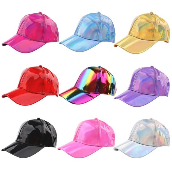 Spakly Hat Stage Wear Laser PU Leder Baseball Cap Holographic Metallic Color Hat Rainbow Reflektierend Hip Hop Rave Casual Cap Verstellbar für Männer Frauen