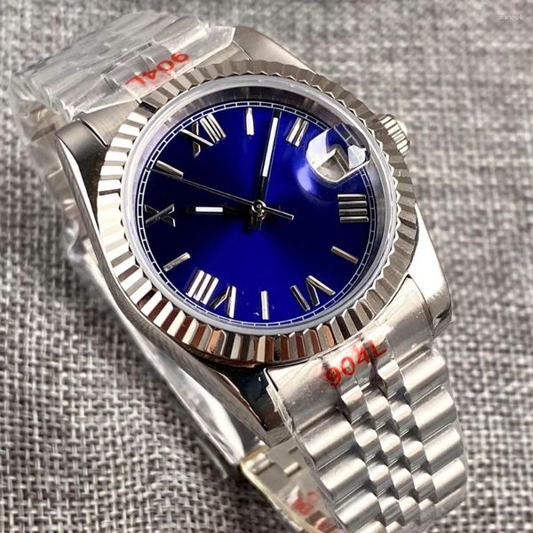 Armbanduhren 36 mm blaues Sunburst-Zifferblatt, Saphirglas, Japan NH35A, automatische Herrenuhr, Datum, geriffelte Lünette, römische Zahlen, Markierungen, leuchtend