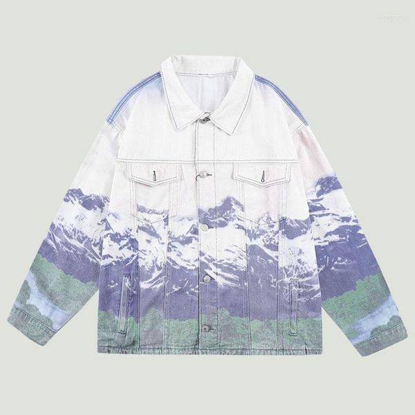 Giacche da uomo Denim sfumato Uomo Snow Mountain Cappotti patchwork stampati grafici Streetwear Harajuku Giacca da cowboy retrò college unisex