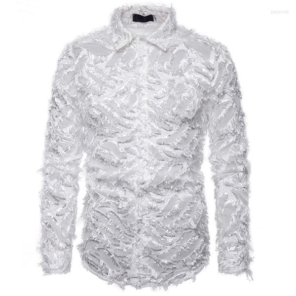 Camicie casual da uomo Camicia abbottonata in pizzo con piume bianche Uomo 2023 Marca Slim Fit Manica lunga da uomo Disco Party Nightclub Abito da ballo maschile