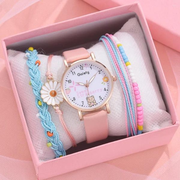 Наручные часы, 5 шт., женские часы, комплект браслетов, кожаные, с милым медведем, наручные часы для девочек, модные женские кварцевые часы, подарок для студентов