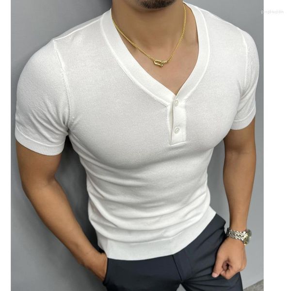 Erkek Tişörtleri 2023 Örme Kısa Kollu T-Shirt Erkekler Yaz Sokak Giyim Kore Korece Düz Renk Üst Camisa Maskulina Tee Fil Çok renkli