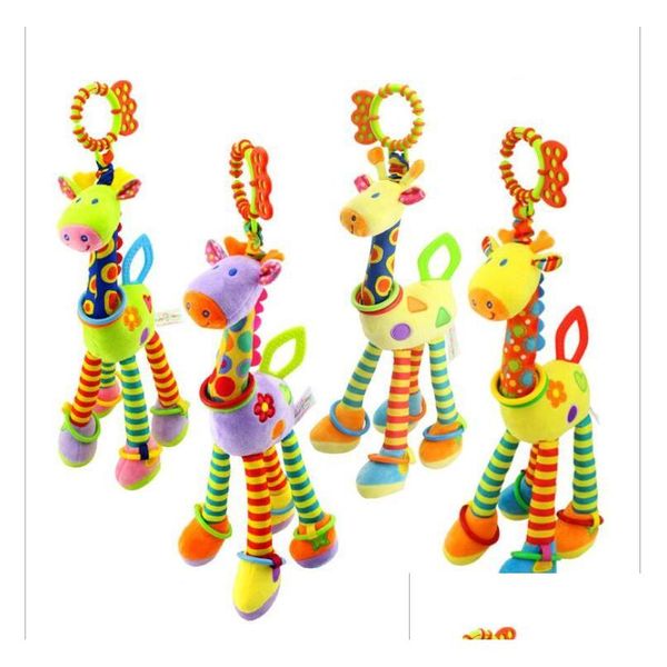 Animali di peluche ripieni che squillano carta passeggino giocattolo appeso 01 anni suona guttaperca giraffa letto campana per addestrare il bambino Dh7Fw