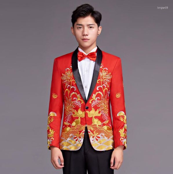 Herrenanzüge Chor Chinesischer Stil Für Männer Blazer Jungen Prom Mariage Mode Schlank Stickerei Masculino Neueste Manteldesigns Rot