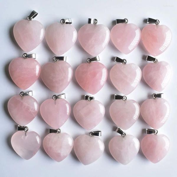 Colares de pingente 20pcs natural rosa cristal pedra de quartzo coração 25mm encantos diy jóias fazendo colar brincos atacado