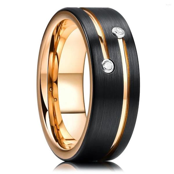 Fedi nuziali Moda uomo 8 mm in acciaio inossidabile zircone per uomo Gioielli di fascia spazzolata nera con scanalatura color oro di lusso