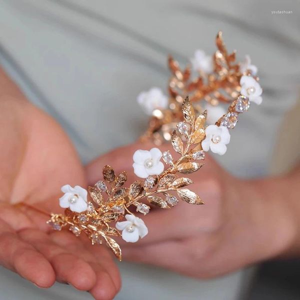 Fermagli per capelli Foglia di rame Zircone Corona da sposa Accessori per diadema da donna Cerchietto per capelli floreale in porcellana