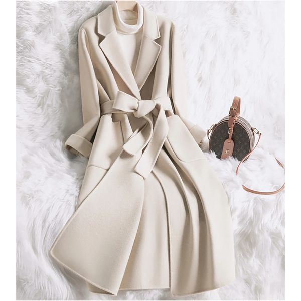 Misto lana da donna Autunno Inverno Elegante sciolto con cintura Cappotto lungo in lana Donna Moda coreana Colletto rovesciato Cammello Giacca lunga nera 231114