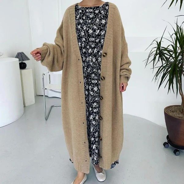 Giacche da donna Corea del Sud Dongdaemun Chic Retro Elegante Bellezza intellettuale Tardo Autunno Monopetto Sopra il ginocchio Cappotto lungo in maglia spessa