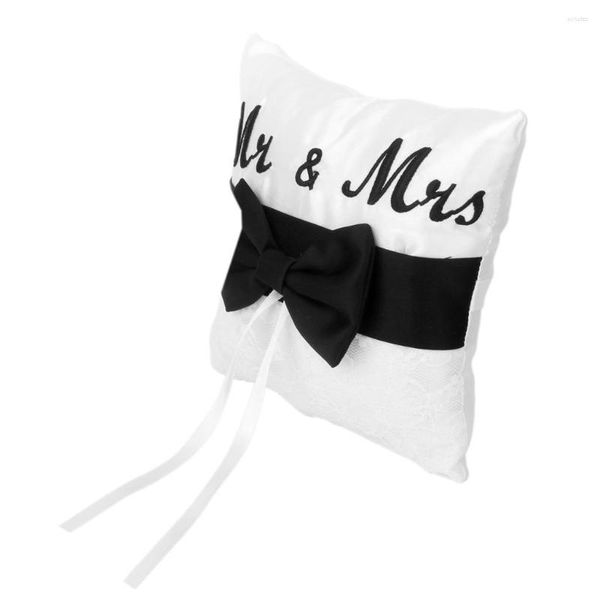 Pillow Mr Mrs Satin Ribbon Bow Ehering 15cm Weiß und Schwarz