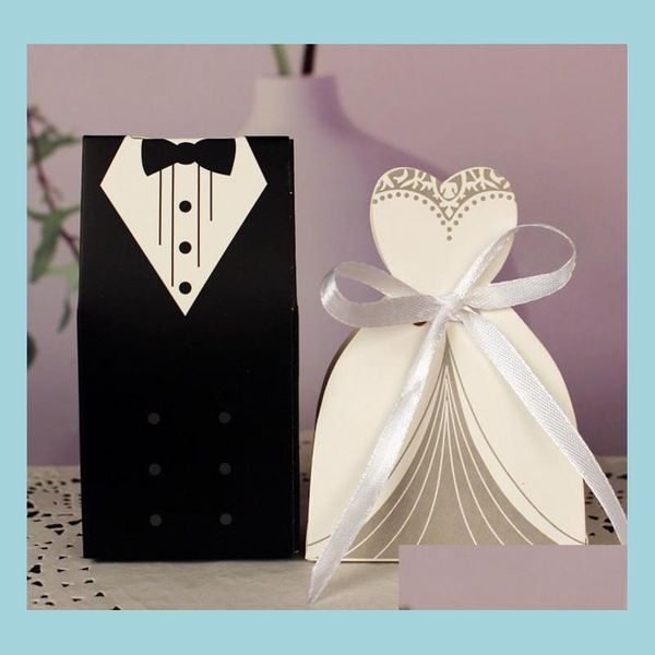 Confezione regalo Abito Smoking Sposa Sposo Bomboniera Nastro Caramelle Bomboniere Scatola Anniversario San Valentino Fidanzamento Dolcetti Scatola di carta Dhsjg