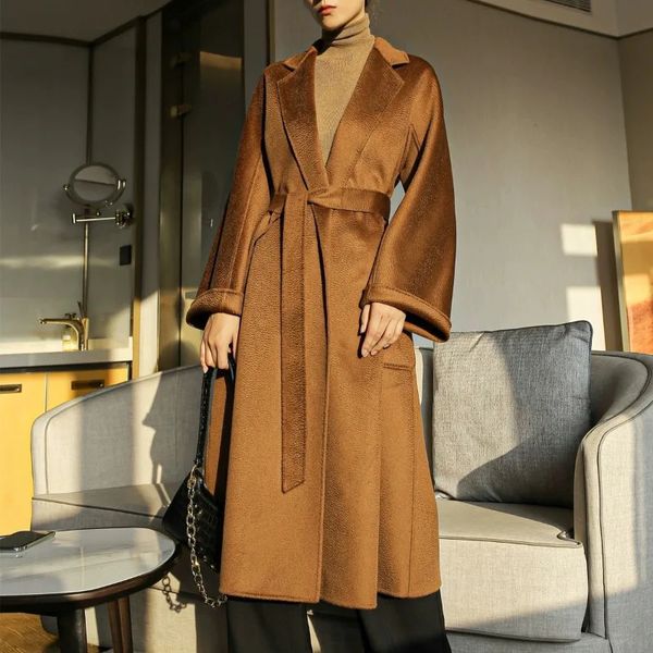 Женское двустороннее кашемировое пальто из смесовой шерсти, женское длинное ниже колена, Высококачественная рябь на воде, осень-зима, свободная верхняя одежда на шнуровке 231114