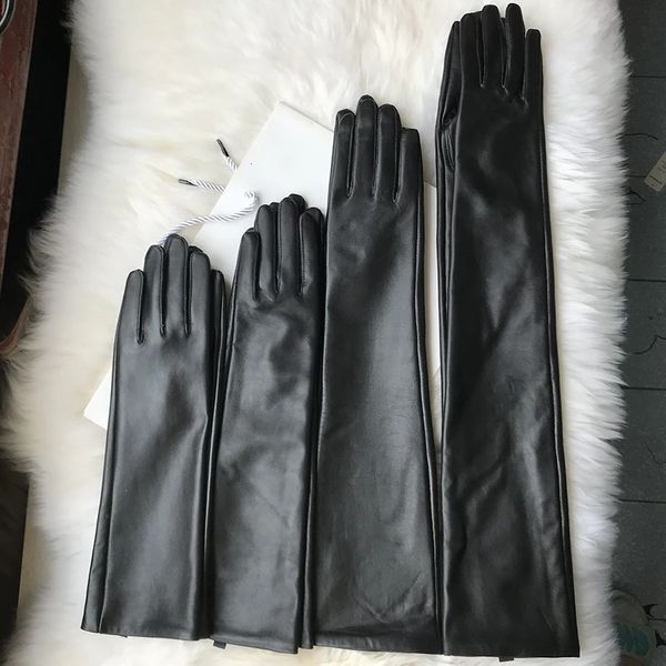 Fünf-Finger-Handschuhe Damen-Handschuhe aus echtem Leder, schwarz, langer Handschuh aus Schaffell, über 4050 cm, Damen-Fäustlinge, Winter, Samt, warm, modisch, Armstulpe 231113