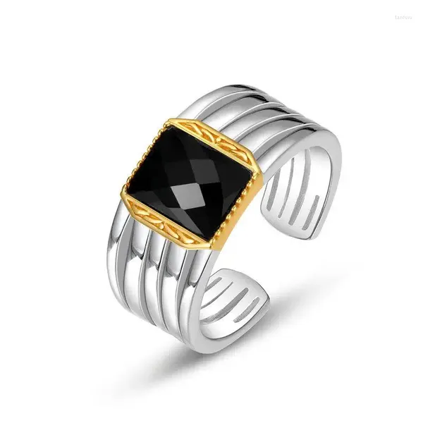 Cluster-Ringe, natürlicher schwarzer Achat-Ring, S925-Sterlingsilber, 10 Karat vergoldet, facettierter Damen-Edelstein, feiner Schmuck