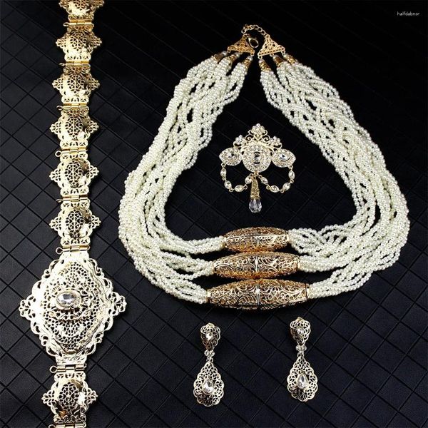 Collana di orecchini Set Neovisson color oro marocchino lussureggiante per le donne Spilla con perline Orecchino a goccia Cintura in metallo Gioielli da sposa