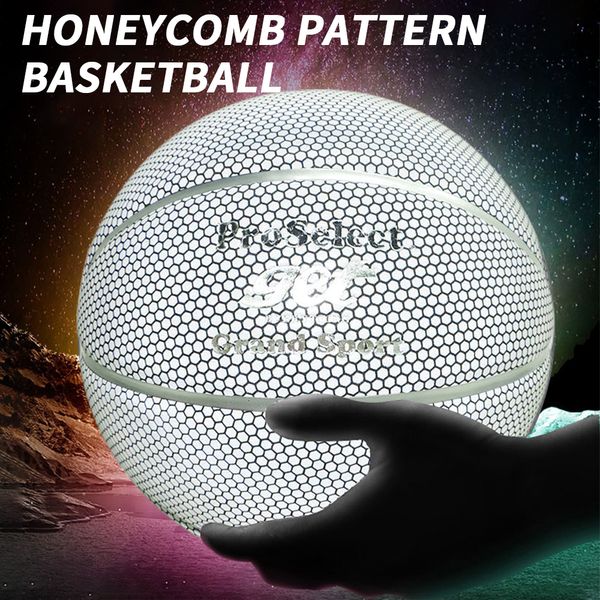 Bola de basquete Ball Ball Men Reflexivo Presente Interior Tamanho ao ar livre 7 Honeycomb Silver PU para meninos meninas Jogos noturnos 230413