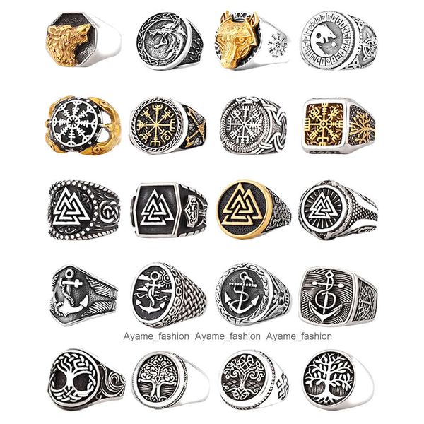 Wikinger Keltische Runenaxt Kompass Baum des Lebens Schädel Wolfskopf Odin Amulett Wikinger Ring Großhandel Herrenringe Edelstahlschmuck