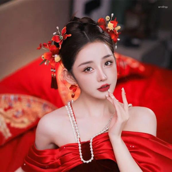 Grampos de cabelo vermelho estilo chinês flor clássica fantasia acessórios de casamento moda vintage conjunto de joias