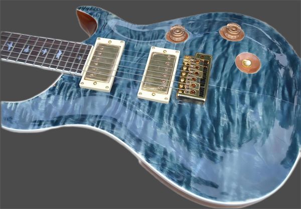 Özel Reed Smith Quilted Maple Top Vintage Blue Blue Elecal Guitar Eagle Headstock Logosu, Mop Kuşlar Kakma, Tremolo Köprüsü, Altın Donanım