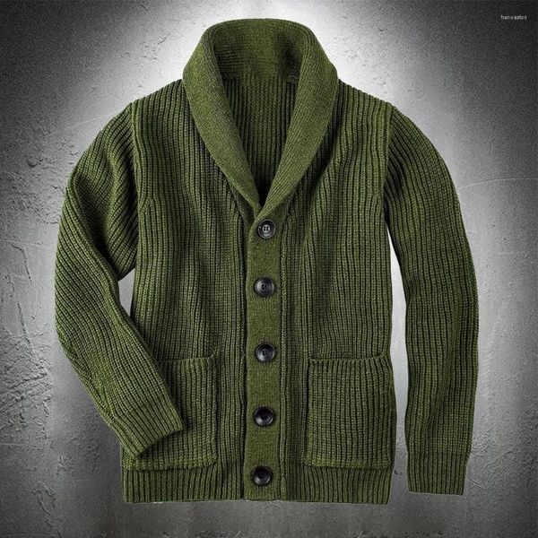 Sweaters masculinos Army Green Cardigan Sweater Men Cobra uma lã extra grossa engrossar