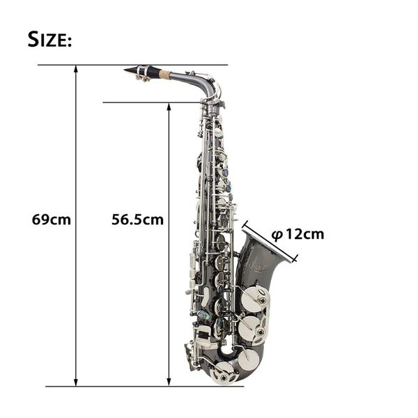 Altsaxophon Eb-Messingkörper, geschnitzte Abalone-Muscheltasten, schwarz vernickelte Saxophonwinde