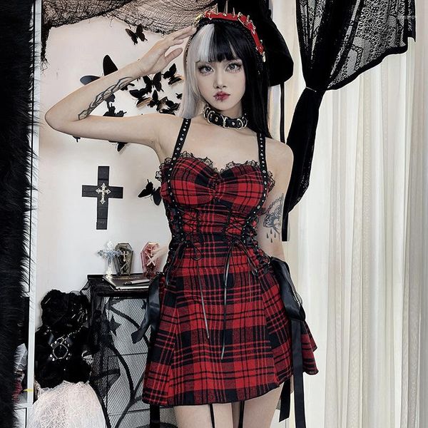 Lässige Kleider Punk Ästhetik Y2k Reißverschluss Bandage Korsett Kariertes Kleid Fee Grunge Robe Femme Vintage Gothic Outfit Mall Goth Party Mini