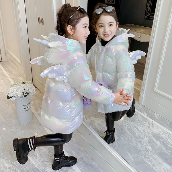 Пуховое пальто для маленьких девочек 212 лет, куртка с милым единорогом и капюшоном жемчужного цвета, зимняя зимняя одежда для девочек, длинная непромокаемая детская верхняя одежда 231113