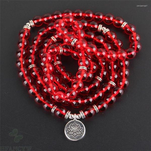 Strand 6mm Red Crystal 108 Minchações Buda Bracelet Pinglelet Firmada Espiritualidade Cura Ruyi Pulso Unisisex Meditação