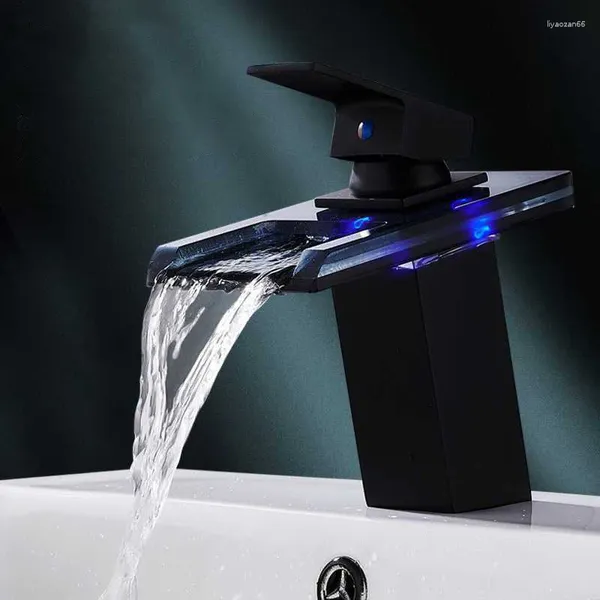 Rubinetti per lavandino del bagno Rubinetto a cascata a LED Rubinetto per lavabo monoforo bianco nero di alta qualità Nero Rame luminoso