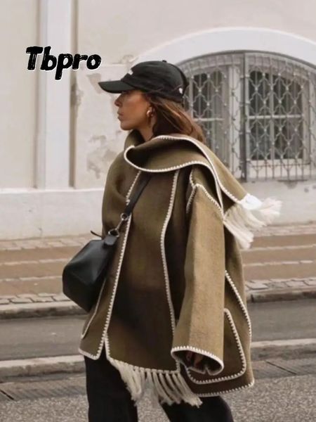 Misto lana da donna Cappotto da donna autunnale con sciarpa Moda patchwork Tasca a maniche lunghe Cappotti monopetto Chic Giacca da strada femminile per pendolari 231114