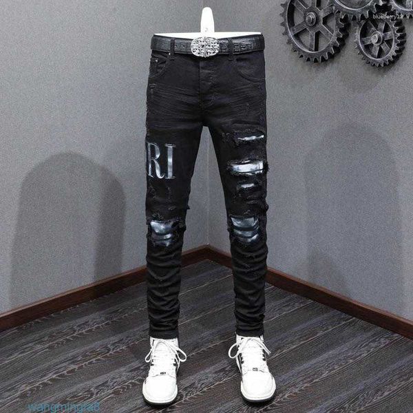 Jeans da uomo High Street Fashion Nero Elasticizzato Elasticizzato Skinny Fit Strappato Blu Rattoppato Designer Hip Hop Marchio Pfgp