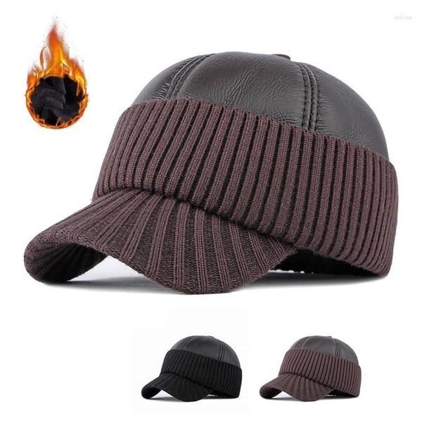 Кепки мужские, зимняя шапка для защиты шеи, теплая бейсболка из искусственной кожи, вязаная бейсболка среднего возраста для пожилых людей