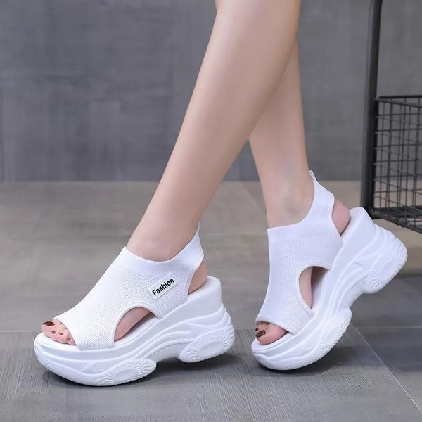 Сандалии на очень высоком каблуке, на массивной платформе для женщин, летняя вязаная сетчатая спортивная обувь, женские сандалии на танкетке, Sandalias Mujer белого цвета