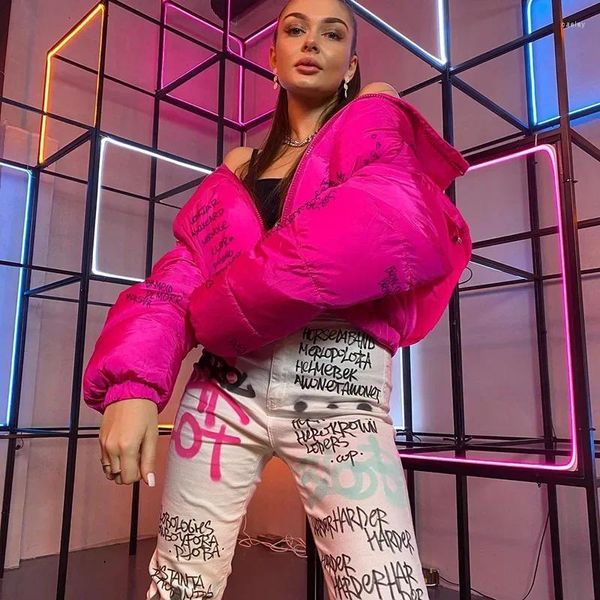 Trench da donna Moda Donna carina Lettera stampata con cappuccio Piumini caldi Neon Pink Bubble Zipper Cropped Parka Piumino