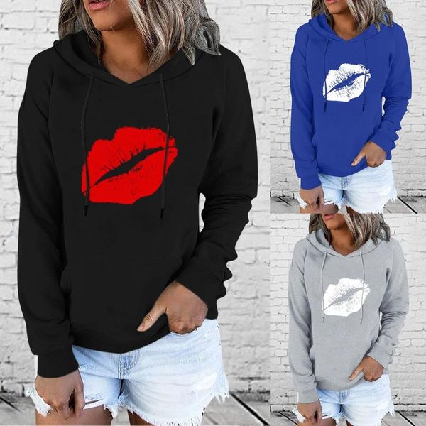 Damen-Kapuzenpullover, Übergröße, Sweatshirts für Frauen, langärmelig, mit Lippen bedruckt, Kordelzug, Sweatshirt, Oberteil, Bluse mit Tasche