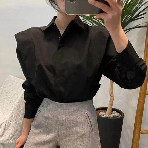 Damenblusen Weiße Vintage-Bluse Woemn Büroarbeitsoberteil 2023 Herbstmode Revers Langarm Schwarz Cardigan Shirt Weiblich Elegant Chic