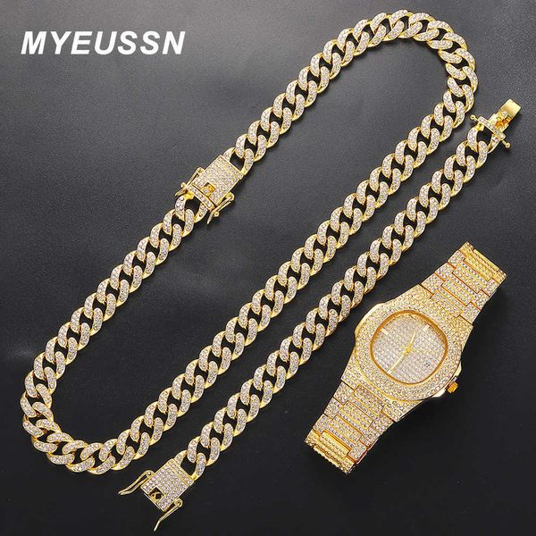 Kolye kolyeler buzlu izle 3pcs hip hop lüks saatler mücevher seti erkek kadınlar izle kolye bilezik bling Küba Bağlantı zinciri gergin hediye T230413