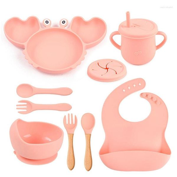 Set di stoviglie 9PCS / Set Baby Silicone Ventosa Ciotola Piatto Tazza Bavaglini Cucchiaio Forchetta Antiscivolo Cartone animato a forma di granchio Stoviglie Piatti per l'alimentazione