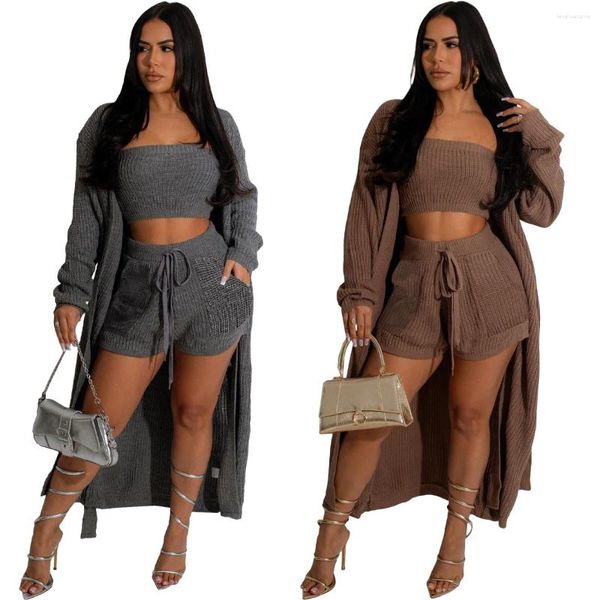 Mulheres Tracksuits Aniow Sólido 3 Peça Set Strapless Crop Top Shorts Long Cardigans Camisola Inverno Outono Mulheres Outfits Street Knit Matching