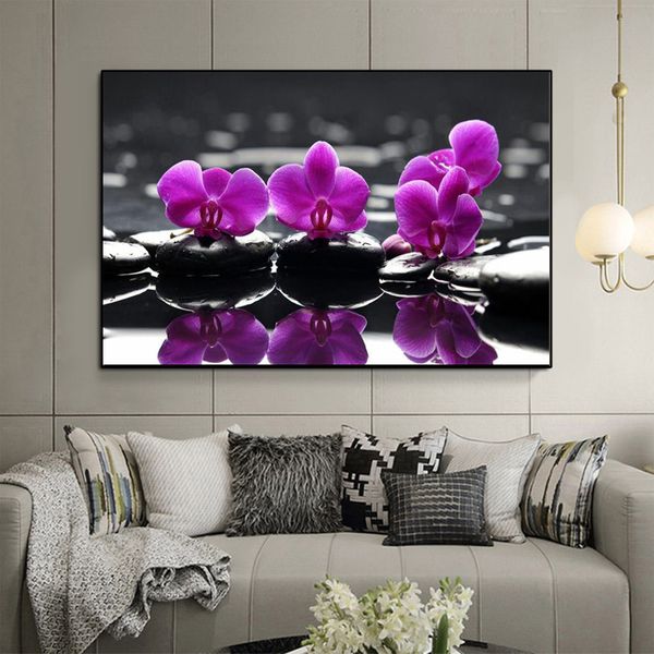 Malerei HD-Druck Zen Steine Lila Schmetterling Orchidee auf Leinwand Kunst Modernes Poster Wandbild für Wohnzimmer Cuadros Decoracion