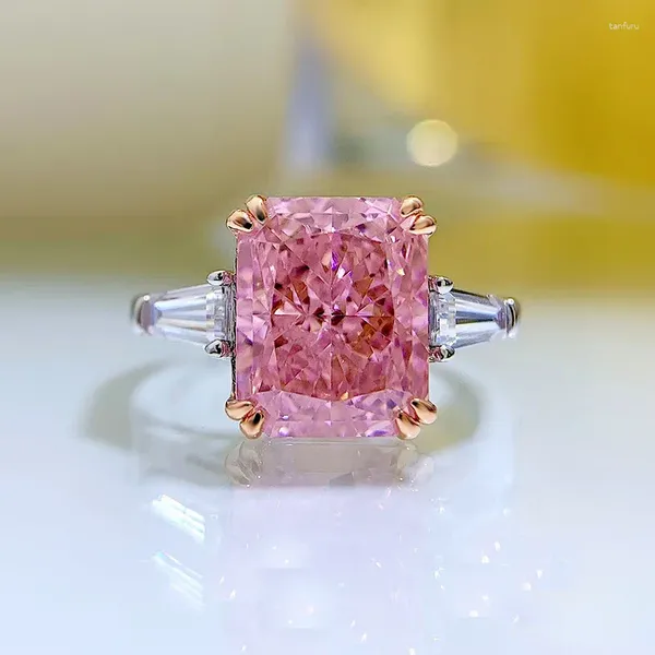 Anéis de cluster Springlady 925 prata esterlina 8/10mm rosa quartzo alto carbono anel de diamante para mulheres gemstone festa de casamento jóias finas