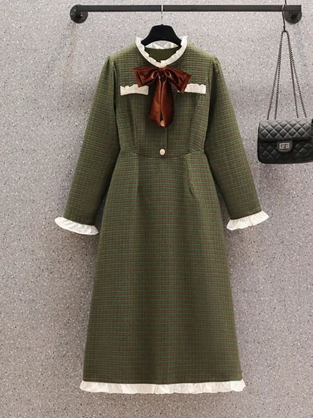 Kleider Plus Size Damen Französisch Vintage Tweed Kleid Büro Damen Elegant Schleife Ausschnitt Langarm Hohe Taille A-Linie Vesidos 4XL Robe 231114