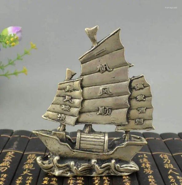 Statuette decorative Cina FengShui Scultura in argento Dragon Boat Yi Fan Feng Shun Ship Statua fortunata