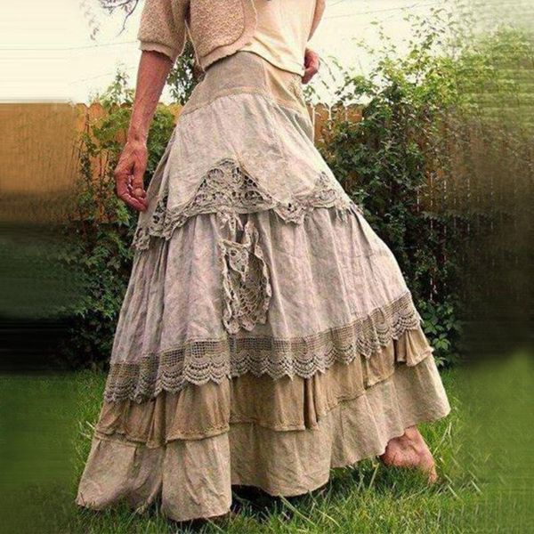 SKIRTS MULHERES PLUS SUMPLEM SUMPLEM VINTAGE RUFFLES MAXI LACE LONGA PRAIRIA LONG PRAIRIA PRAIRI