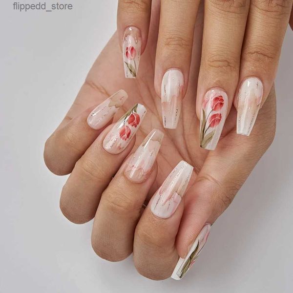 Unhas Postiças Longo Gradiente Tulipa Retro Flor Nail Art Terminado Unhas Falsas Pressione em Unhas com Cola Estilo Chinês Ins Charme Mulher Elegante Q231114