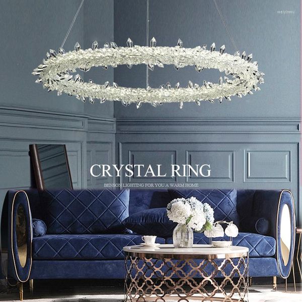 Lampadari Morden Luxury Crystal Flower LED Lampadario Lampada a sospensione ad anello tondo Sala da pranzo Illuminazione per soggiorno Lustre Lampade a sospensione